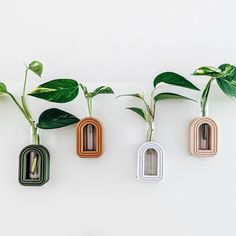 three planters with plants in them are hanging on the side of a white wall