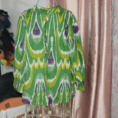 Multicolored Anthropology Blouse With Puffy Sleeves Green White Purple Yellow Bohemian Green Blouse For Daywear, Green Bohemian Blouse For Daywear, Bohemian Green Top For Daywear, Multicolor Vibrant Print Button-up Blouse, Anthropologie Top, Puffy Sleeves, Anthropology, Green Yellow, Anthropologie