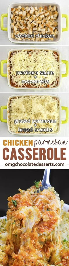 chicken parmesan casserole recipe is shown in three different dishes with the same toppings