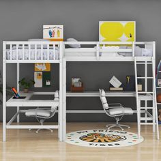 a white loft bed with desk and chair in the corner next to it on top of a hard wood floor