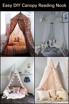 four different types of canopy beds with lights on them and the words easy diy canopy reading