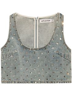 light blue cotton denim mid-wash rhinestone embellishment seam detailing scoop neck rear zip fastening sleeveless straight hem cropped Fashion Illustration Dresses, Embellished Denim, City Dress, Iconic Bags, Demi Fine Jewelry, Summer Beach Wear, Tank Top Designs, Exclusive Fashion, Fine Earrings