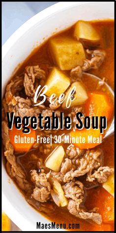 beef vegetable soup in a white bowl with text overlay