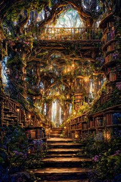 an image of a tree house with stairs leading up to it and lots of books on the shelves