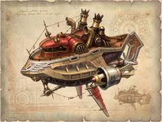 an artistic drawing of a steampunk flying ship