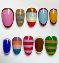 Nail Different Colors Each, Normal Nail Polish Ideas, Nail Aesthetics, Salad Fingers, Polish Art, Striped Tights, July Nails, Nail Envy