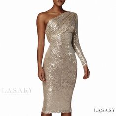 Lasaky - One-Shoulder Evening Dress with Wrap Bust and Sequin Detail - Stylish and Sexy Glamorous Off-shoulder Mini Dress For Dinner, One Shoulder Midi Dress For Club And Party Season, Gold Off-shoulder Dresses For Night Out, Off-shoulder Mini Dress For Party Season Dinner, Off-shoulder Mini Dress For Dinner Party, Fitted One Sleeve Party Dress, Fitted One-sleeve Party Dress, Sequined Fitted Off Shoulder Party Dress, Fitted Off Shoulder Sequin Party Dress