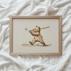 a painting of a bear holding a baseball bat and ball in it's mouth