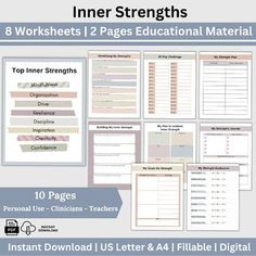 Inner Strength Worksheets - the perfect therapy resource for fostering personal growth!  These therapy worksheets are designed to provide anxiety relief and enhance coping skills in a strengths-based approach.  Delve into exercises that promote self-awareness and empower you to navigate life's challenges with a growth mindset in our Internal Family Systems focused worksheets. Whether you're utilizing these worksheets in the comfort of your home or within a therapist office, they offer a valuable tool for self-reflection and personal development. INCLUDED My Strength Plan  30 Day ChallengeIdentifying My StrengthsMy Strength EvaluationBuilding My Inner Strength100 StrengthsMy Plan to Achieve Inner StrengthTop Inner StrengthsMy Goals for StrengthMy Strengths Journal FEATURES Printable - just Internal Family Systems, Phd Life, Therapist Office, Corporate Wellness, Family Systems, Mental Health Advocate, Core Beliefs, Therapy Worksheets, Navigating Life