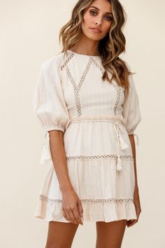 Shop Dresses | Hot Party Dresses | Hot Dresses | Selfie Leslie, Color: Beige Beige Mini Dress With Ruffle Hem And Short Sleeves, Half Puff Sleeve, Beige Ruffled Short Sleeve Mini Dress, Gold Accent Jewelry, Beige Long Sleeve Lace Mini Dress, Beige V-neck Mini Dress With Ruffles, Cream V-neck Bohemian Mini Dress, Selfie Leslie, Sleeve Crochet