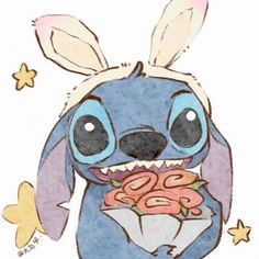 a drawing of a blue bunny holding a bouquet of flowers