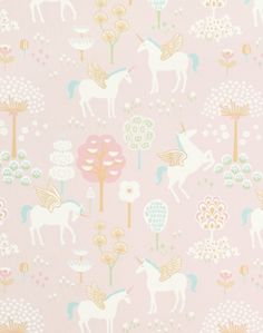 a pink background with unicorns and trees