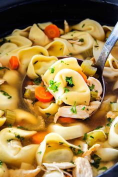 a ladle full of chicken noodle soup with carrots