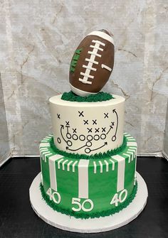 a three tiered cake with a football on top