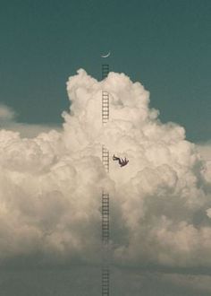 two birds are flying in the sky near a ladder that is high up into the clouds