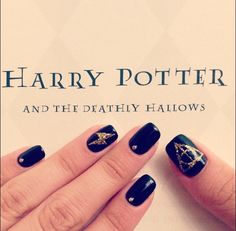 Marie Nails - Los Angeles, CA, United States. I went for a simple Harry Potter themed manicure with the Dealthy Hallows sign, a lightning bolt, and studs. $52. Love it! Simple Harry Potter Nails Ravenclaw, Harry Potter Nails Designs Ravenclaw, Deathly Hallows Nails, Dealthy Hallows