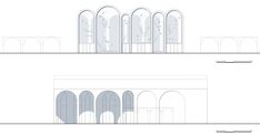 two drawings showing the different sections of a building with arches and columns on each side