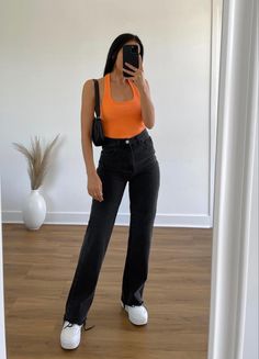 Orange Crop Top Outfit Summer, 90s Straight Leg Jeans Outfit Summer, Black Jeans Orange Top Outfit, Orange Top Black Pants Outfit, Black Straight Leg Jeans Outfit Summer, Black Wide Leg Jeans Outfit Summer, Summer Straight Leg Dark Wash Cargo Jeans, Basic Orange Tops For Streetwear