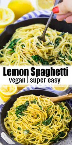 lemon spaghetti with spinach and parsley in a skillet