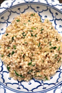 a white and blue plate topped with rice covered in green herbs on top of a wooden table