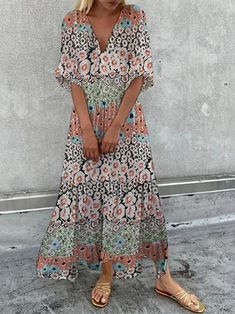 Women's Boho Dress Floral Print Dress Summer Elegant V Neck Dress Inexpensive Dresses, Elegant Floral Dress, Plus Size Casual Dress, Print Chiffon Maxi Dress, Floral Print Dress Summer, Womens Boho Dresses, Boho Floral Maxi Dress, Floral Chiffon Dress, Summer Elegant