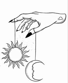 a drawing of a hand reaching for the sun and moon with a pencil in it