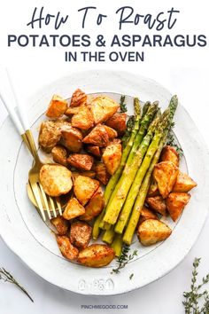 This is the best oven roasted golden potatoes and asparagus that is made with only a few simple ingredients. The potatoes and asparagus come out perfectly seasoned with herbs and a crispy outer layer. This recipe is vegan, paleo, gluten free and whole30. Best Oven Roasted Potatoes, Roasted Potatoes And Asparagus, Potato And Asparagus Recipe, Crispy Oven Roasted Potatoes, Oven Roasted Potatoes Easy, Potatoes And Asparagus, Healthy Meatloaf, Roasted Potatoes And Carrots, Chicken Salad Recipe Easy