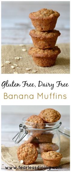 gluten free, dairy free banana muffins are stacked in a glass jar