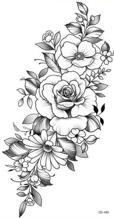 a black and white drawing of flowers with leaves on the bottom half of their arm