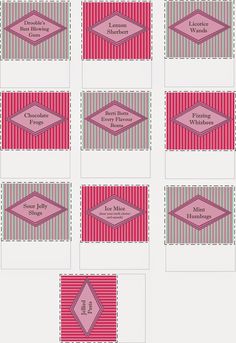 some pink and grey striped labels with different designs on them, all in the same color scheme