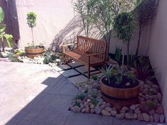 a wooden bench sitting in the middle of a garden