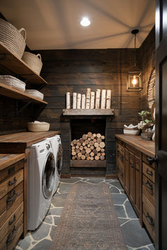 a washer and dryer in a wood - paneled laundry room with stacked logs