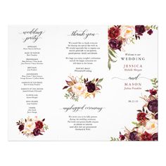 a wedding program with burgundy and white flowers on the front, maroon and white roses on the back