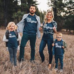 a man, woman and two children standing in a field with the words'the original'on their shirts