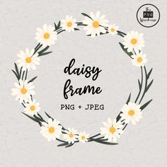 daisy frame with white daisies and green leaves in the middle on a gray background