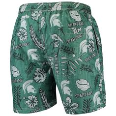 Enjoy a day out in the sun in some Michigan State Spartans gear with these Vintage Floral swim trunks from Wes & Willy. Perfect for the beach or the pool, these shorts come complete with Michigan State Spartans graphics and an adjustable drawstring closure to ensure just the right fit. Brand: Wes & Willy Elastic waistband with drawstring Faux fly Imported Machine wash, tumble dry low Material: 100% Recycled Polyester  Body; 100% Polyester  Lining Mesh lining Officially licensed One back Summer Short Swim Trunks For Sports, Short Swim Trunks For Summer Sports Events, Green Swim Trunks For Summer Activities, Green Swim Trunks For Beach, Green Beachwear Swim Trunks For Summer, Green Beachwear Swim Trunks For Summer Activities, Summer Sports Shorts, Moisture-wicking Swimwear For Sports, Green Summer Sports Swim Trunks