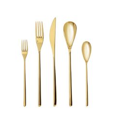 a set of gold colored utensils and spoons