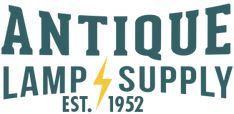 the antique lamp supply logo is shown in black and white, with yellow lightning on it