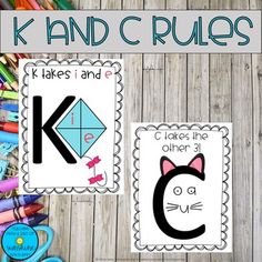 the letter k and c rules are displayed with crayons, scissors, pencils and markers