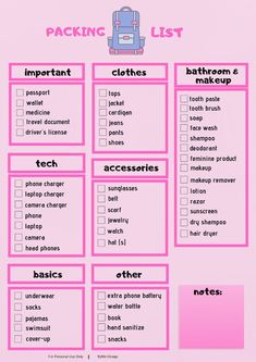 the packing list is shown in pink