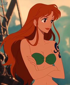 ariel from the little mermaid with long red hair and green bra top, standing in front of