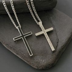 This beautiful cross necklace is made with a stainless steel cross and chain. The cross has a black enamel center on one side and plain steel on the other.  Cross Height: 1.8 inches (4.5 cm), Cross Width: 1 inch (2.5 cm). The front side has a shiny silver color with a shiny black cross in the middle. The sides are shiny silver color sides and the back of the cross has a silver mate color. The engraving looks great on the sides and the back side but note that the sides are a bit larger than the back (0.019 inches vs 0.014 or 0.5mm vs 0.35) and can a bit less text. Select the Engrave Message option to further personalize your cross pendant!  We engrave on the vertical side by default on the back but we can engrave horizontally if you prefer, write this in the personalization field. If you se Cross Pendant Men, Cross Necklace For Men, Personalized Cross Necklace, Engraved Cross, Personalized Cross, Funny Disney, Steel Cross, Personalized Gifts For Men, Beautiful Cross