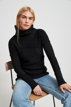 Our oh-so-unique wool sweater for the casual but elegant look you crave. Emily's made of multiple pieces joined by chunky seams and features extra long sleeves, a loose turtleneck, and extremely soft boucle-like French Merino Wool Mix yarn. | Total length approximately 27" (68 cm).French Merino Wool Blend (20% Merino Wool / 80% Acrylic).Dry clean only. Designed in NYC. Handcrafted in Europe. | Marcella Emily Long Sleeve Sweater in Black | Women's Size XS | Wool Blend | Fall And Winter Clothing Chunky Knit Top, Loose Turtleneck, Loose Knit Sweaters, Extra Long Sleeves, Knit Turtleneck Sweater, Wool Turtleneck, Women's Sweaters, Simple Shirts, Winter Clothing