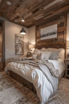 a large bed sitting in a bedroom next to a wooden headboard and night stand