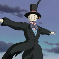 a cartoon character in a top hat and coat with his arms outstretched out, wearing a suit and bow tie