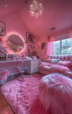 a room with pink carpet and furniture in it