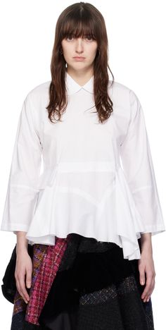 Cotton poplin blouse. · Peter Pan collar · Raw edges at tiered peplum hem · Asymmetric hem · Button closure at back Supplier color: White White Peplum Tops, Tiered Blouse, Poplin Blouse, White Peplum, Layered Blouse, Blouse Price, Peplum Blouse, Peplum Hem, Hem Style