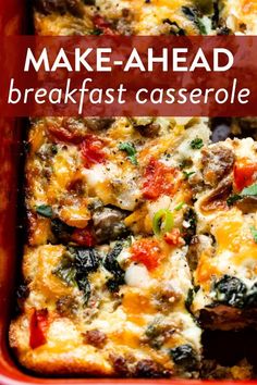 make - ahead breakfast casserole with spinach and cheese in a red dish