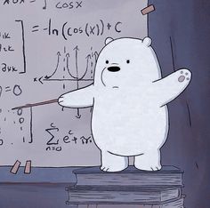 a white bear standing on top of a pile of books in front of a chalkboard