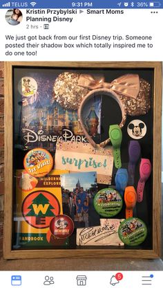 a wooden frame filled with lots of magnets and disney parks items in it's display case